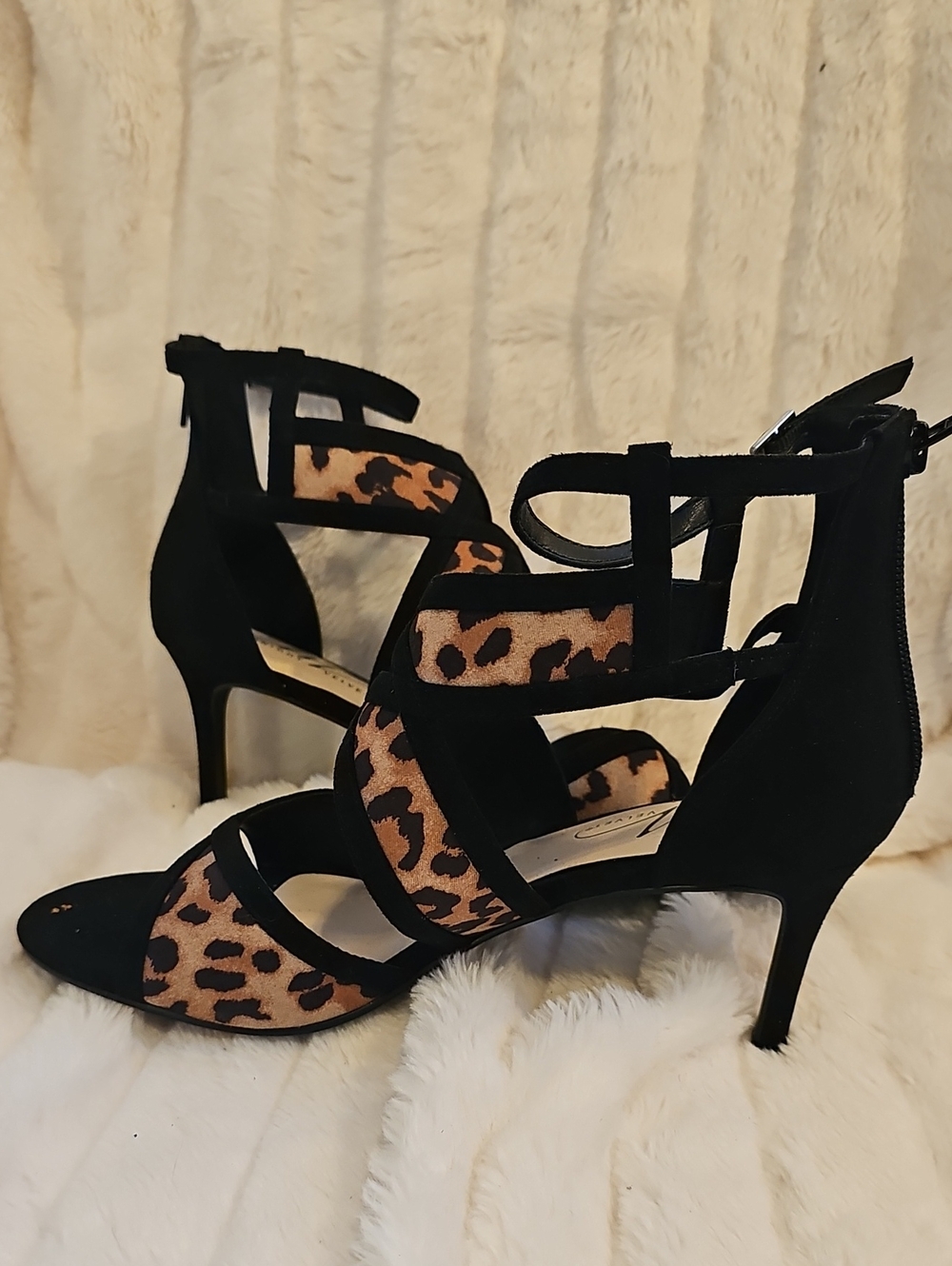 Midnight Velvet Black and Leopard-Print Strappy Heels
